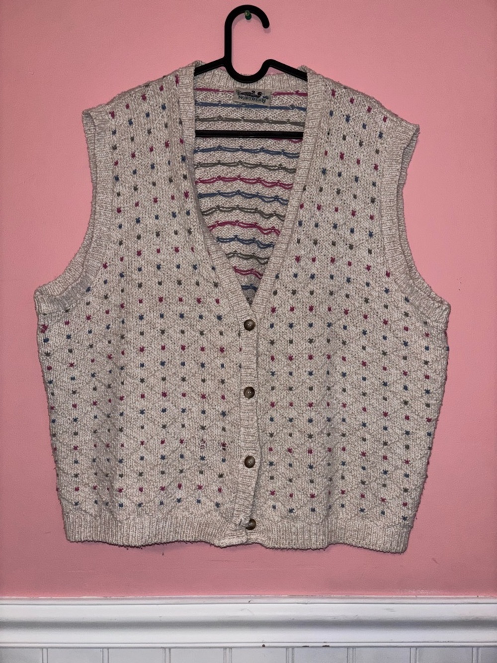 Northern Reflections Cream Knit Button-Up Sweater Vest with Pink and Blue Dots